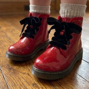 Dream Pairs Kids Shiny Red Boots with Black Velvet Laces